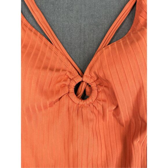 Kona Sol One Piece Swimsuit Women XL Orange Ribbed Ring Front V Neck Summer Swim - Picture 2 of 10
